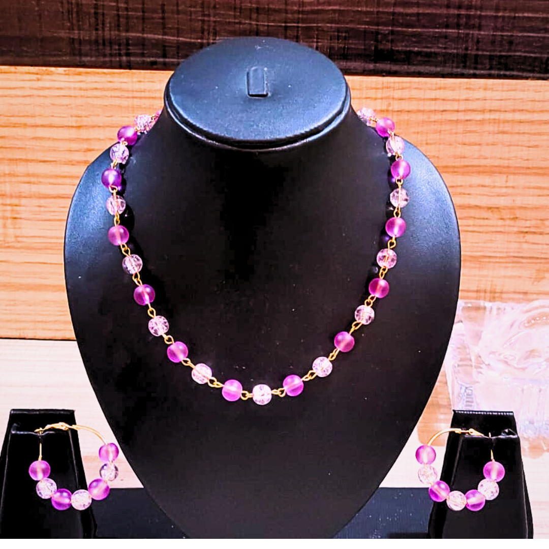 Pink and purple beaded mala with earrings