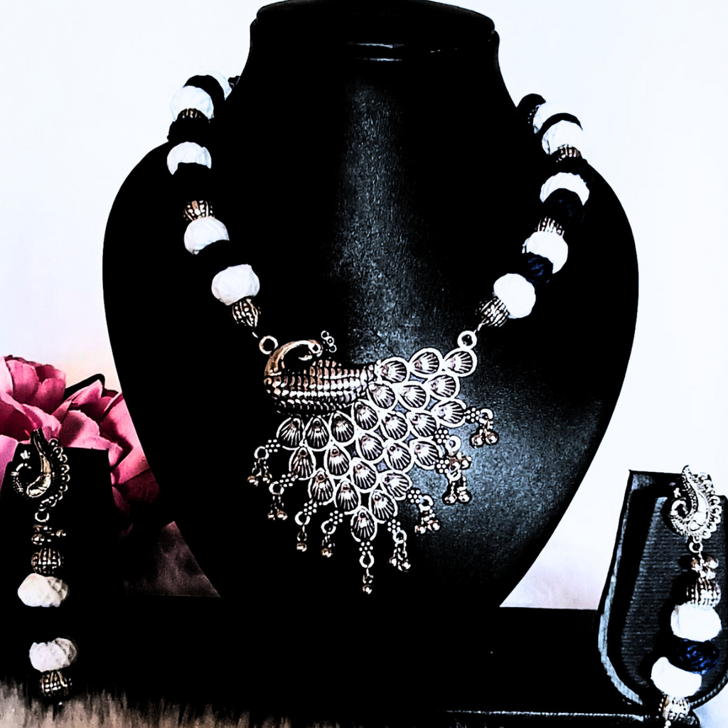 Blue & white cotton bead oxidize necklace