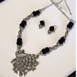cotton beaded oxidised peacock pendent set