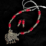 Red cotton bead oxidized peacock pendent set